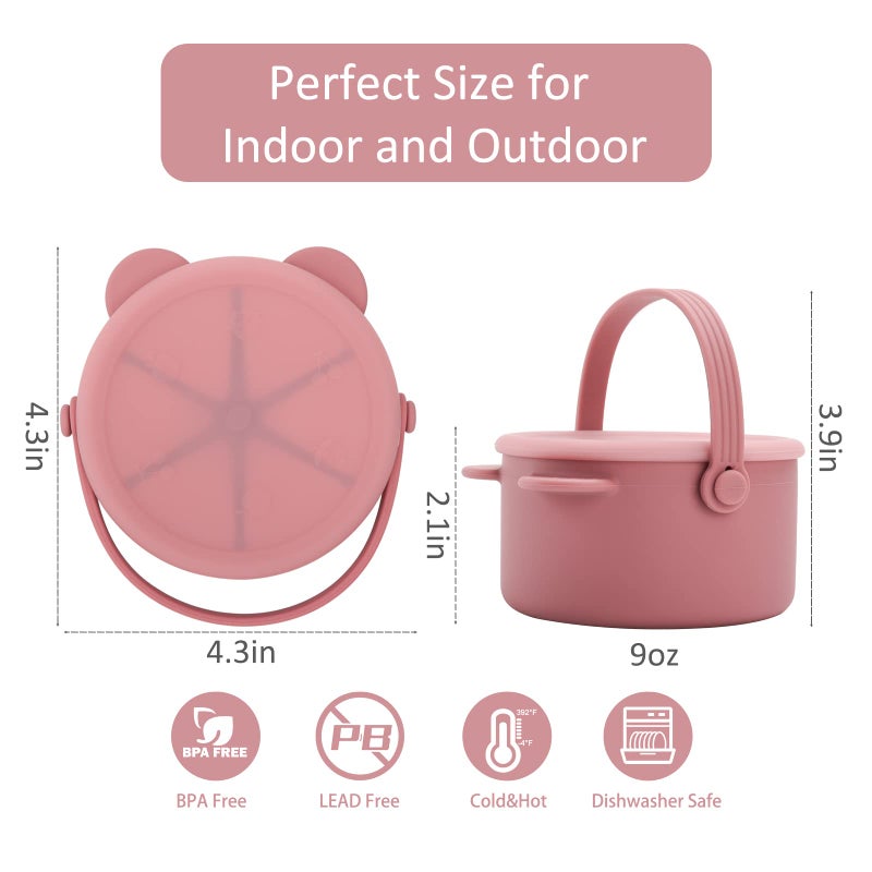 Dilovely Snack Cups for Toddlers, Baby Snack Containers, Silicone Toddler Snack Cups No Spill, Food Catcher with Lid & Bucket-like Handle, BPA Free & Dishwasher Safe, 9 Ounce Rose - Image 2