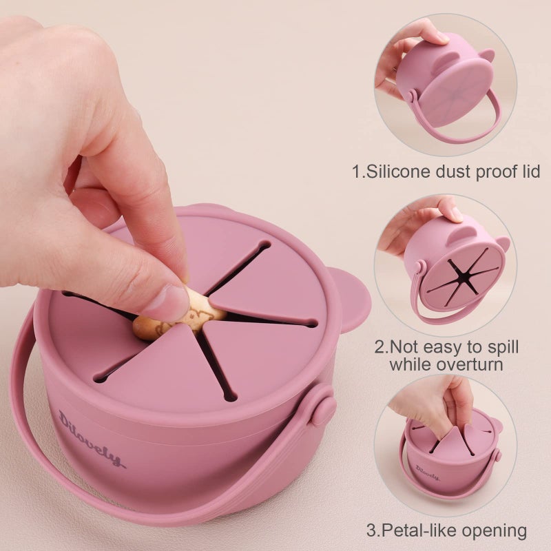Dilovely Snack Cups for Toddlers, Baby Snack Containers, Silicone Toddler Snack Cups No Spill, Food Catcher with Lid & Bucket-like Handle, BPA Free & Dishwasher Safe, 9 Ounce Rose - Image 4