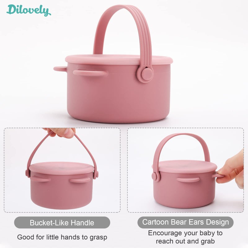Dilovely Snack Cups for Toddlers, Baby Snack Containers, Silicone Toddler Snack Cups No Spill, Food Catcher with Lid & Bucket-like Handle, BPA Free & Dishwasher Safe, 9 Ounce Rose - Image 3