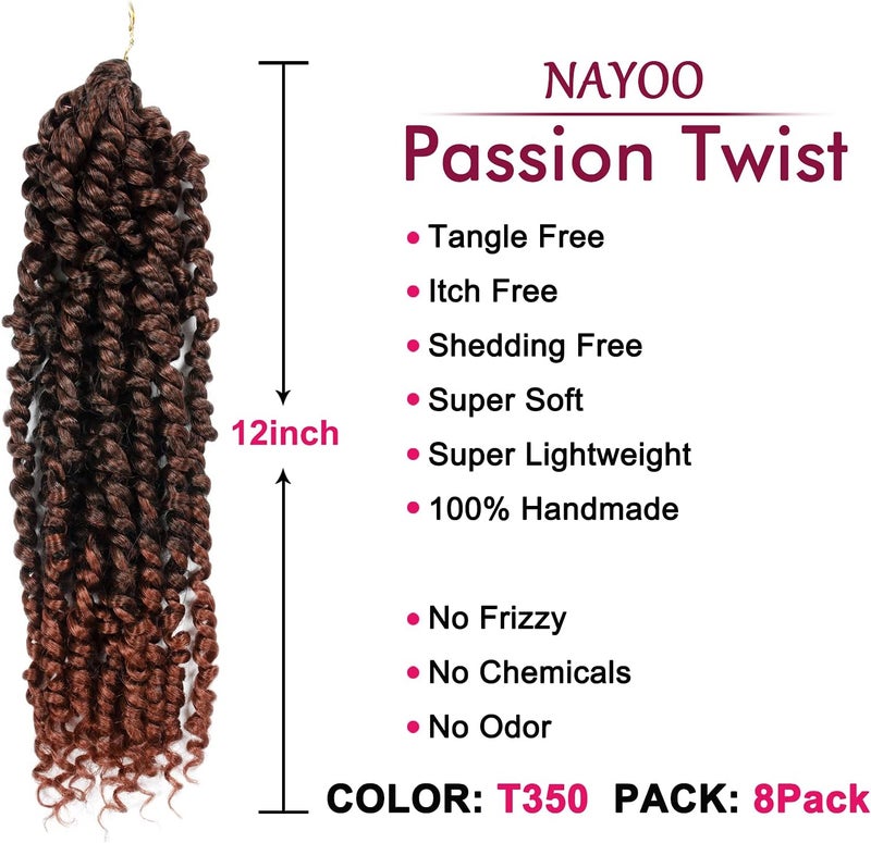 NAYOO Passion Twist Hair - 8 Packs 12 Inch Passion Twist Crochet Hair For Women, Crochet Pretwisted Curly Hair Passion Twists Synthetic Braiding Hair Extensions (12 Inch 8 Packs, T350) - Image 2