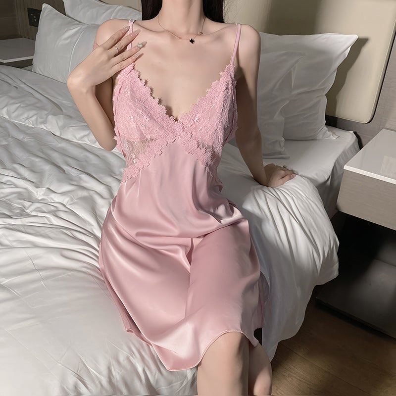Elegant Lace-Trimmed Nightgown - Smooth Silk-Touch Sleepwear Slip Dress for Women - Image 2