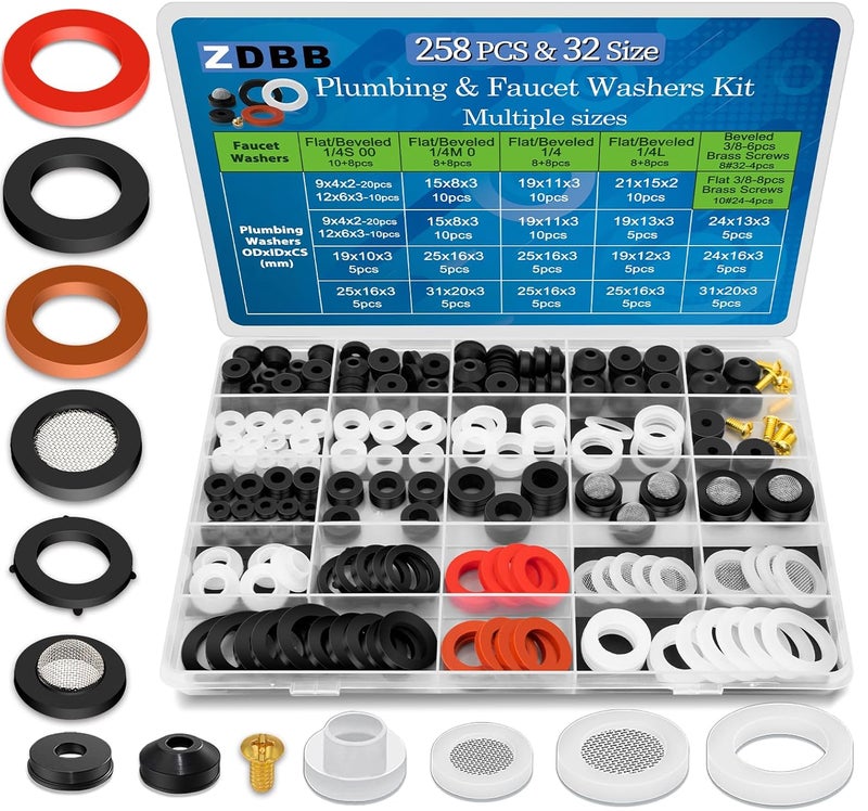 ZDBB 258 Pcs 2-in-1 Spigot Washer & Hose Gasket Kit for Assorted Outdoor Faucet Garden Hose Valve Stem Worn Out Plumber Outside Faucet Bib Shower Gasket Repair Set - Image 1