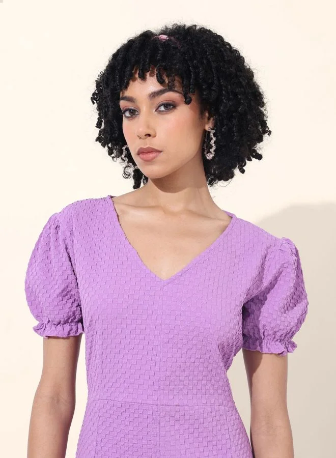 Freehand  Women Fit and Flared Textured V-Neck Short Sleeve Maxi Dress for Women | Best Price UAE