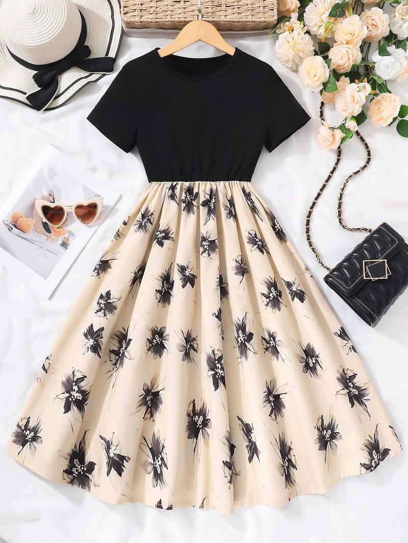 Seechoslo New 8-14Years Girls Elegant Dress Short Sleeve A-Line Floral Midi Party Special Occasion (US, Age, 10 Years, Black) - Image 3