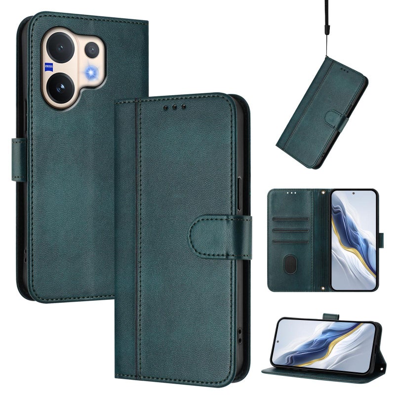 erorex For vivo V60 5G Global Line Splicing Buckle Retro Leather Phone Case(Dark Green) - Image 1