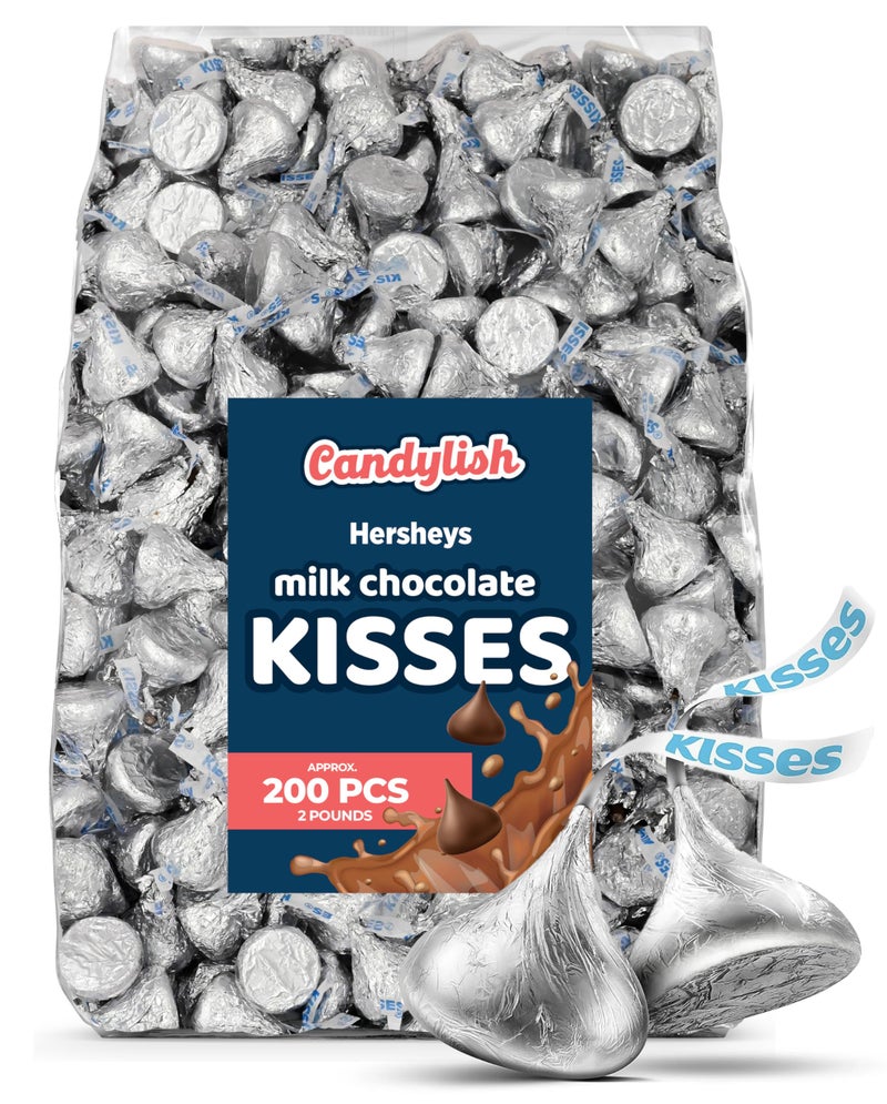 قبلات الشوكولاتة بالحليب، تغليف فضي كلاسيكي، كيس 2 باوند (حوالي 200 قطعة) - مثالي للهدايا، الحفلات، والمناسبات الخاصة - Image 1