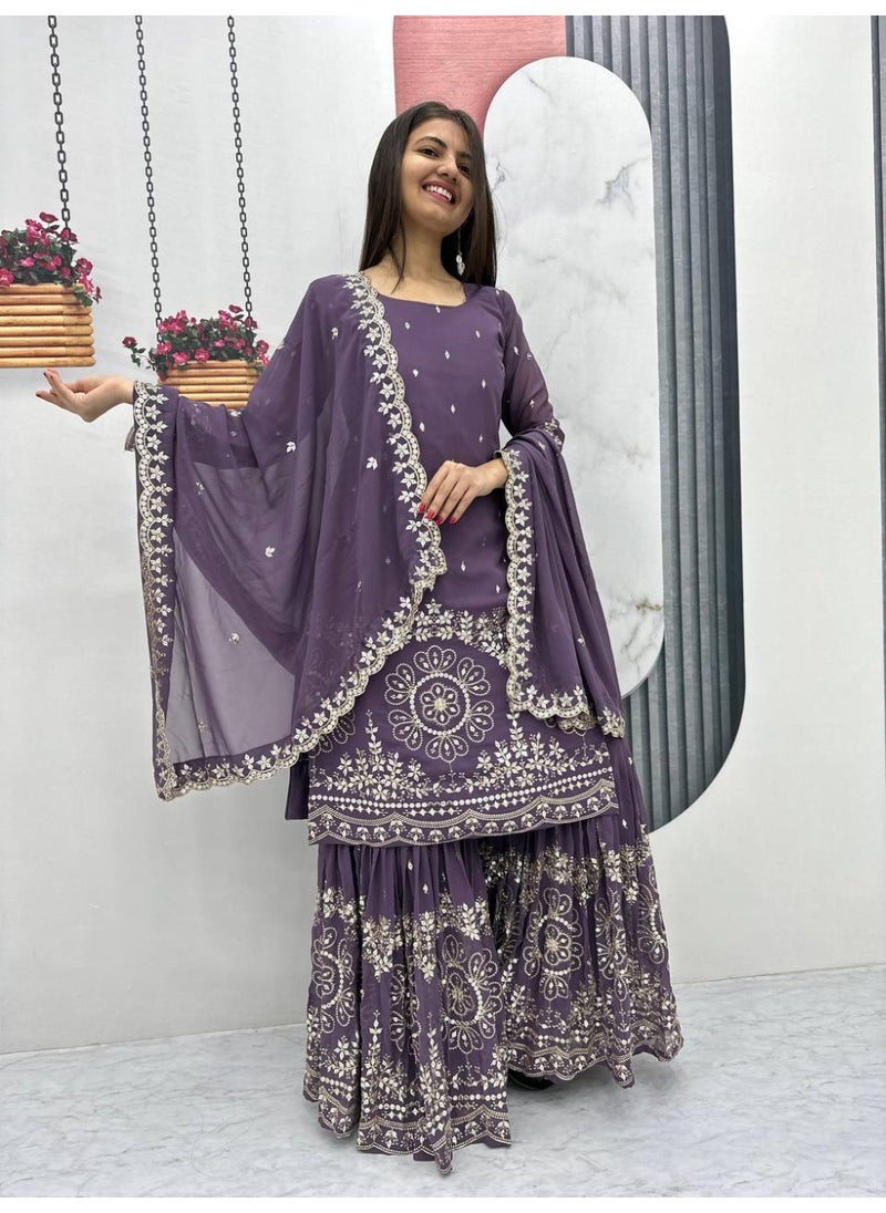 Super Asian "Celesté Charm – Designer Faux Georgette Sharara Suit with 7mm Sequin Embroidery & Lace Dupatta"  - Image 3