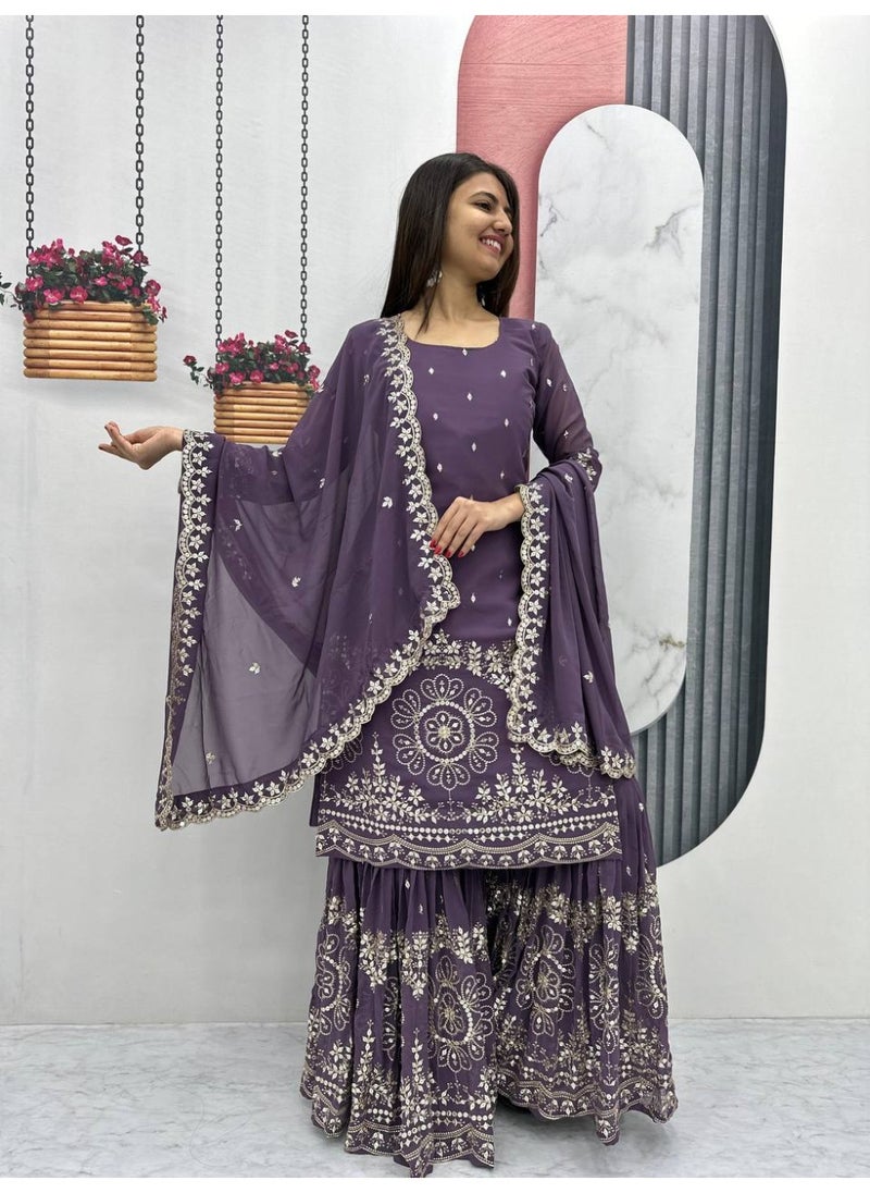 Super Asian "Celesté Charm – Designer Faux Georgette Sharara Suit with 7mm Sequin Embroidery & Lace Dupatta"  - Image 4
