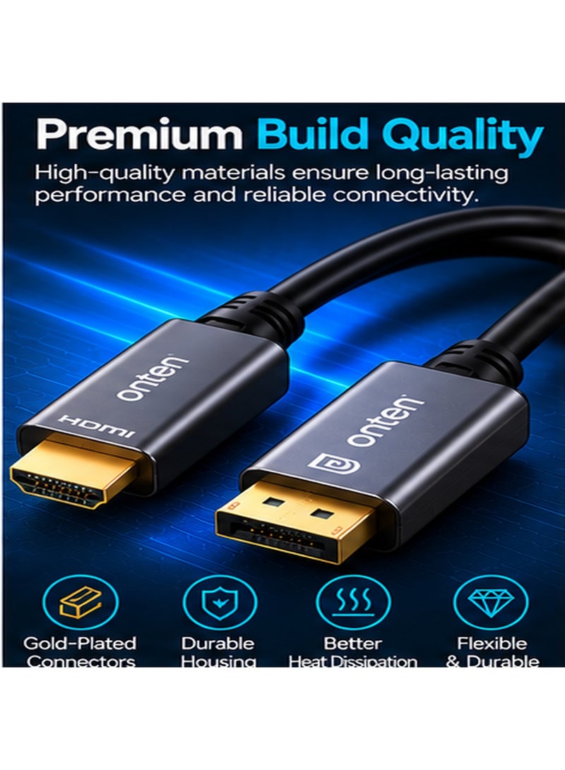 أونتن كابل ONTEN OTN-5160-5M (بطول 5 أمتار) لتحويل HDMI إلى DisplayPort؛ كابل نشط (Active) بموصلات HDMI (ذكر) وDP (ذكر) مزود بشريحة تحويل مدمجة، يضمن نقل فيديو مستقر لمسافات طويلة؛ مثالي للاستخدام مع الشاشات، وشاشات العرض الاحترافية، وقاعات الاجتماعات المكتبية، والفصول الدراسية، وأنظمة المسرح المنزلي، ومنصات الألعاب. - Image 1