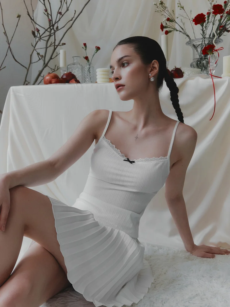 Lichi Strappy top with openwork braid and bow at collar