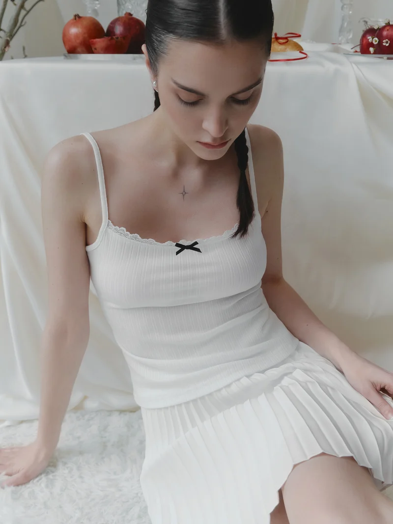 Lichi Strappy top with openwork braid and bow at collar