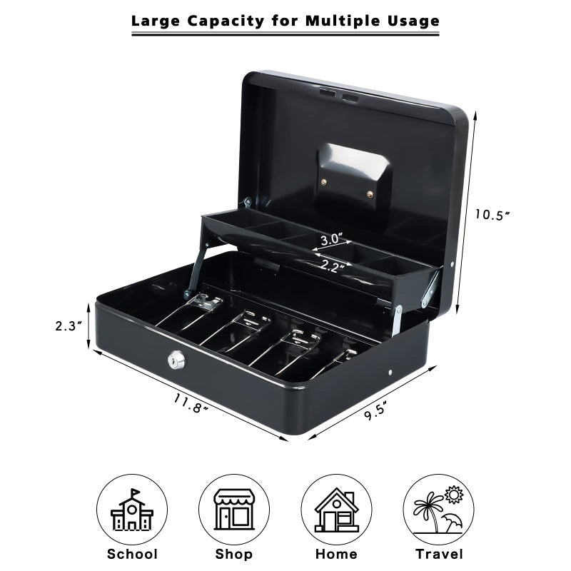 xydled Cash Box with Money Tray and Key Lock,Tiered, Cantilever Design,4 Bill / 5 Coin Slots,11.8" x 9.5" x 3.5",Black - Image 5