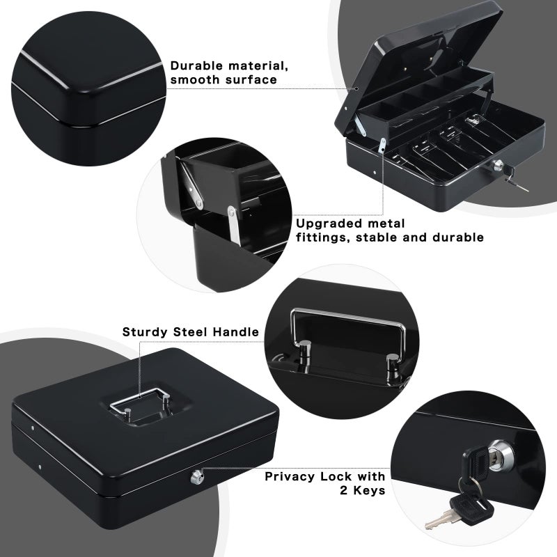xydled Cash Box with Money Tray and Key Lock,Tiered, Cantilever Design,4 Bill / 5 Coin Slots,11.8" x 9.5" x 3.5",Black - Image 3