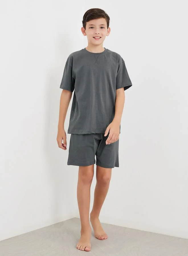 ستايلي Styli Solid Cotton T-Shirt and Shorts Set