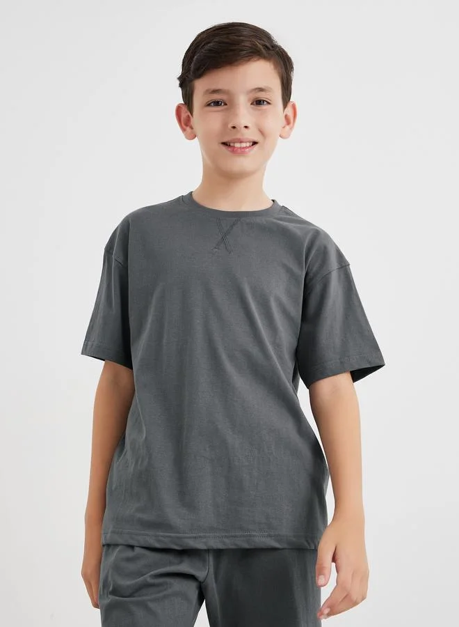 ستايلي Styli Solid Cotton T-Shirt and Shorts Set