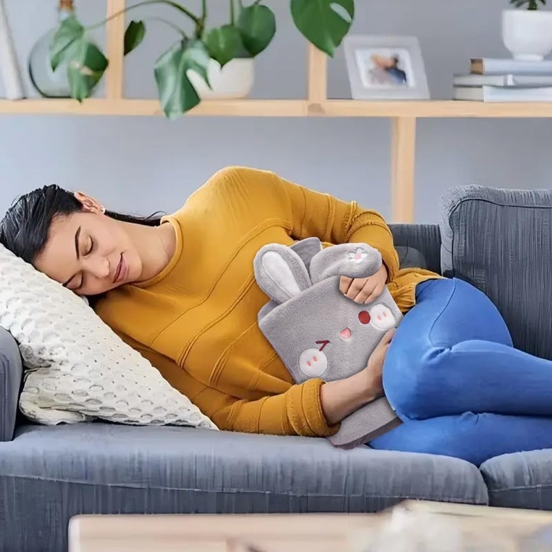 KASTWAVE Cute Rabbit Hot Water Bottle with Soft Plush Cover, 2L Reusable Hot Water Bottles for Kids, Teens & Adults, Super Soft Fluffy Cartoon Cover, Removable & Washable for Comfort and Warmth (Gray) - Image 4