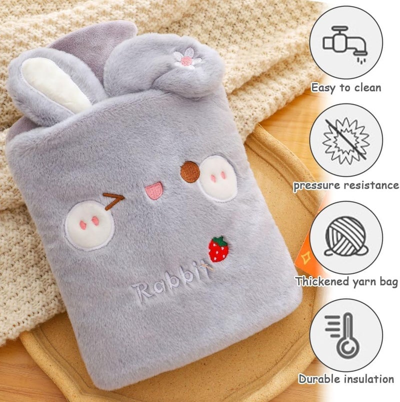 KASTWAVE Cute Rabbit Hot Water Bottle with Soft Plush Cover, 2L Reusable Hot Water Bottles for Kids, Teens & Adults, Super Soft Fluffy Cartoon Cover, Removable & Washable for Comfort and Warmth (Gray) - Image 2