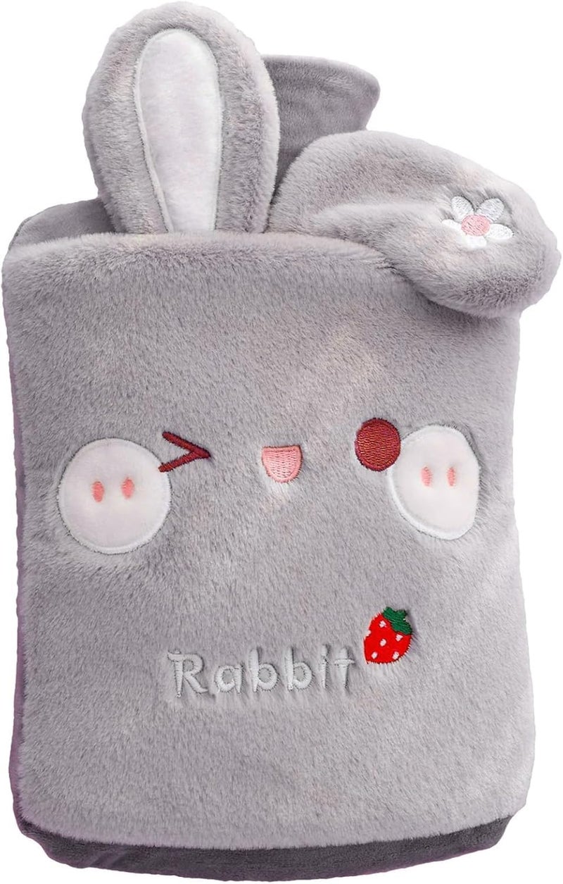 KASTWAVE Cute Rabbit Hot Water Bottle with Soft Plush Cover, 2L Reusable Hot Water Bottles for Kids, Teens & Adults, Super Soft Fluffy Cartoon Cover, Removable & Washable for Comfort and Warmth (Gray) - Image 1