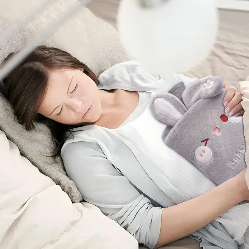 KASTWAVE Cute Rabbit Hot Water Bottle with Soft Plush Cover, 2L Reusable Hot Water Bottles for Kids, Teens & Adults, Super Soft Fluffy Cartoon Cover, Removable & Washable for Comfort and Warmth (Gray) - Image 3