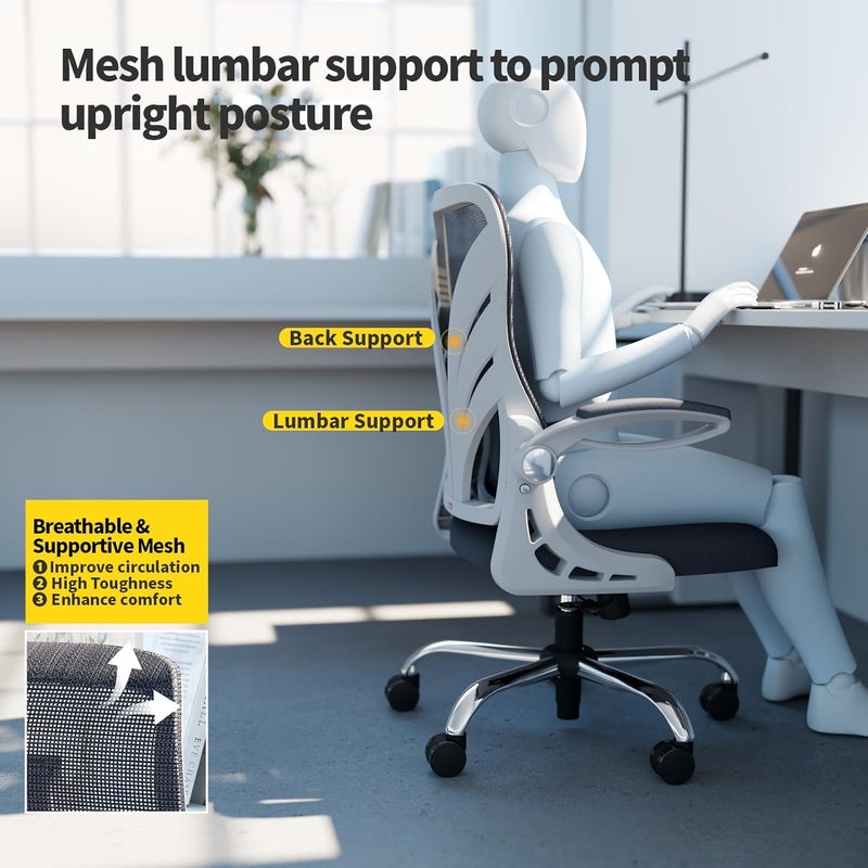 HOLLUDLE Ergonomic Office Chair with Foldable Backrest, Computer Desk Chair with Flip-up Armrests, Mesh Lumbar Support and Tilt Function Big and Tall Office Chair, White - Image 4