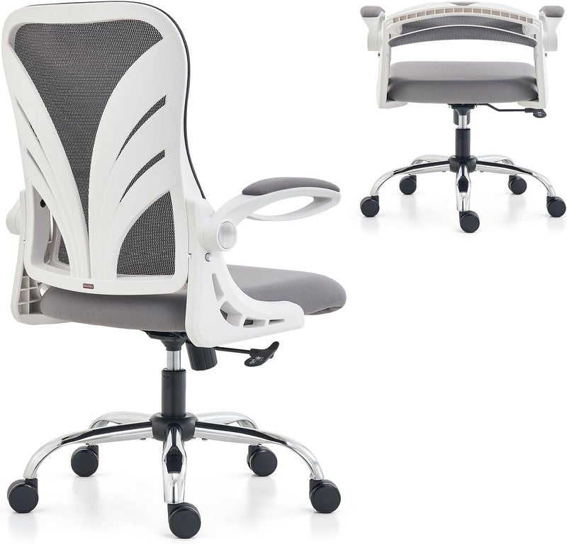 HOLLUDLE Ergonomic Office Chair with Foldable Backrest, Computer Desk Chair with Flip-up Armrests, Mesh Lumbar Support and Tilt Function Big and Tall Office Chair, White - Image 1