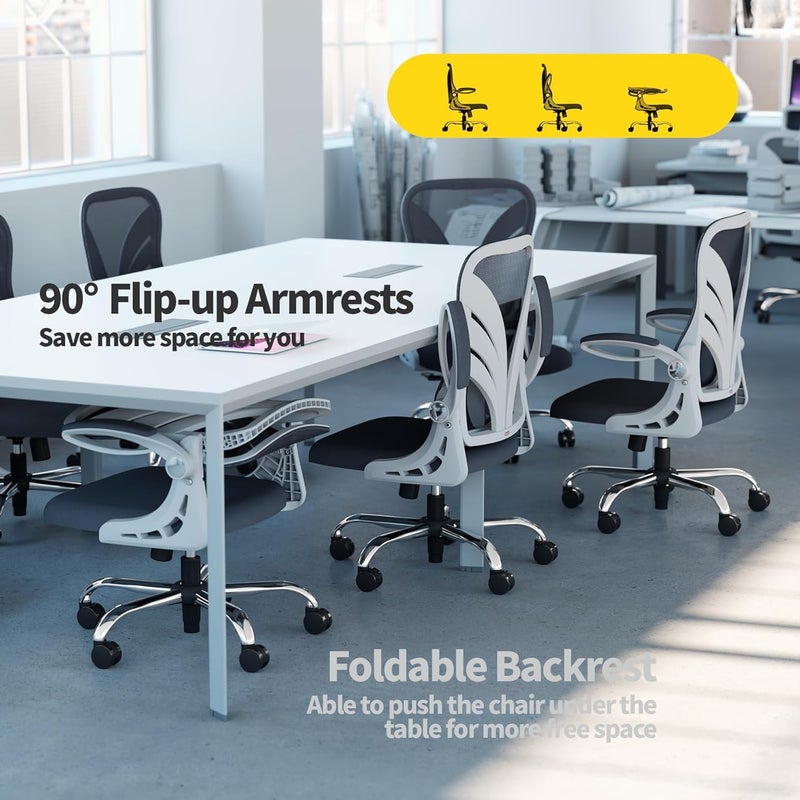 HOLLUDLE Ergonomic Office Chair with Foldable Backrest, Computer Desk Chair with Flip-up Armrests, Mesh Lumbar Support and Tilt Function Big and Tall Office Chair, White - Image 2