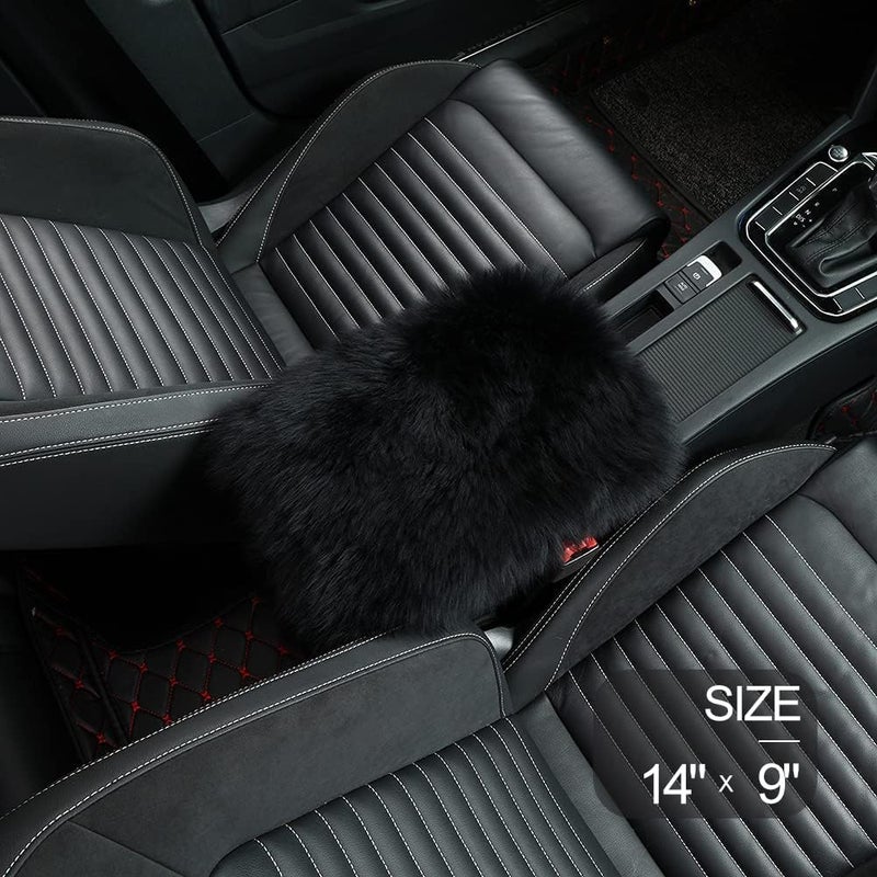 LLB Genuine Sheepskin Wool Fur Car Armrest Cover Pad - Black - Image 2