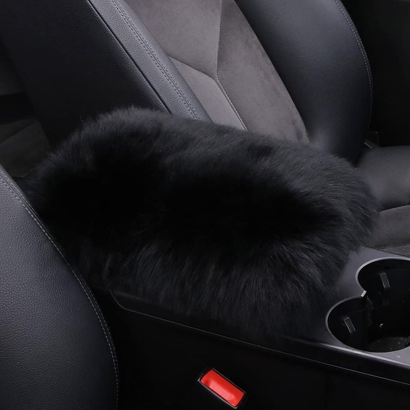 LLB Genuine Sheepskin Wool Fur Car Armrest Cover Pad - Black - Image 1