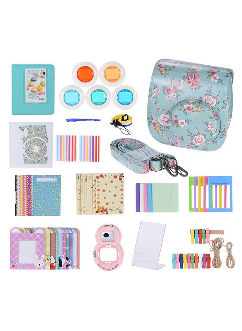 مجموعة ملحقات 14 في 1 لكاميرات Fujifilm Instax Mini 8 و8 Plus و8s و9، تشمل: حقيبة كاميرا، حزام، ملصقات، عدسة سيلفي، 5 مرشحات ملونة، ألبوم، 3 أنواع من الأفلام، إطارات طاولة، 10 إطارات حائط، و40 إطارًا للحدود. - Image 1