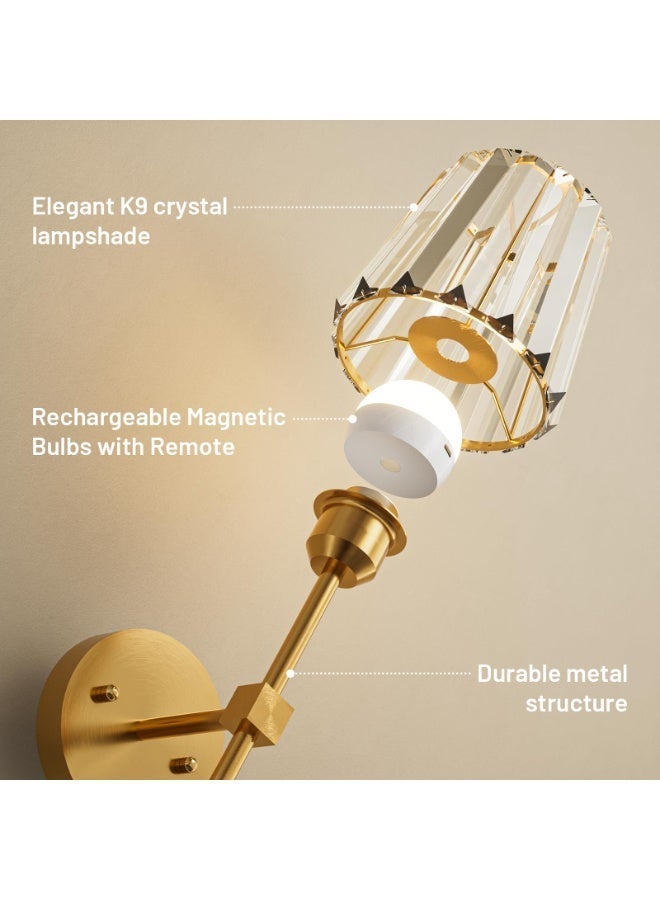 XICEN 2 Pack Crystal Wall Sconces, Gold Wall Sconce with USB Rechargeable LED Light Bulbs, RGB and Dimmable, Remote Control, Rechargeable Wall Lamps for Bedroom, Living Room, and Hallway - Image 5
