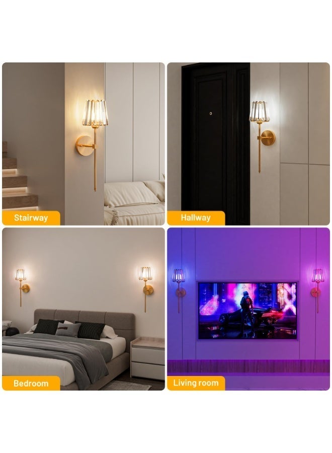 XICEN 2 Pack Crystal Wall Sconces, Gold Wall Sconce with USB Rechargeable LED Light Bulbs, RGB and Dimmable, Remote Control, Rechargeable Wall Lamps for Bedroom, Living Room, and Hallway - Image 4