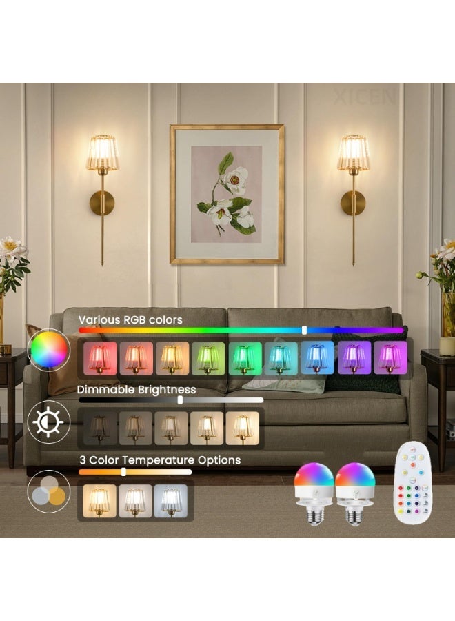 XICEN 2 Pack Crystal Wall Sconces, Gold Wall Sconce with USB Rechargeable LED Light Bulbs, RGB and Dimmable, Remote Control, Rechargeable Wall Lamps for Bedroom, Living Room, and Hallway - Image 3