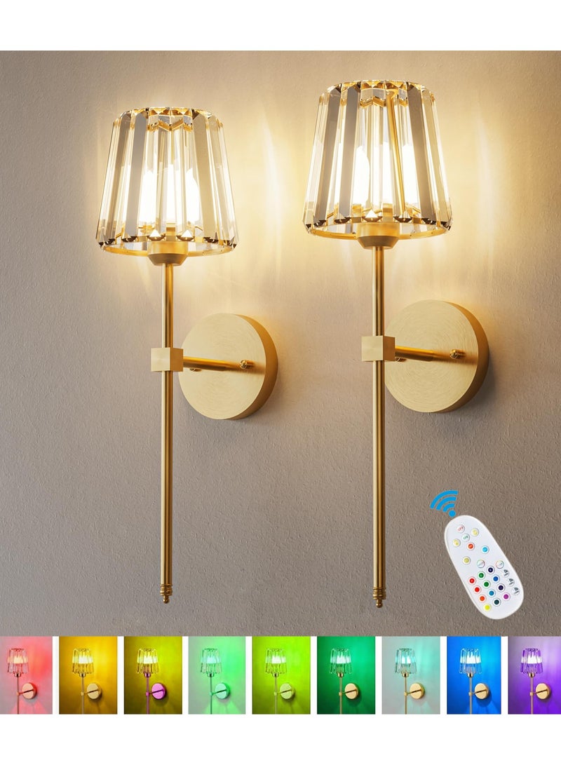XICEN 2 Pack Crystal Wall Sconces, Gold Wall Sconce with USB Rechargeable LED Light Bulbs, RGB and Dimmable, Remote Control, Rechargeable Wall Lamps for Bedroom, Living Room, and Hallway - Image 1