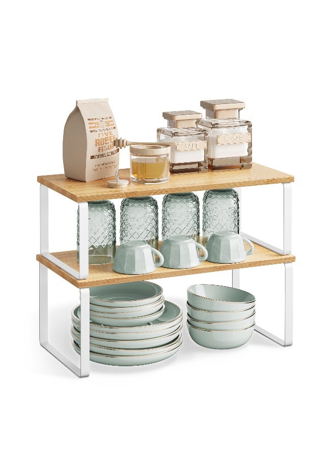 SONGMICS Spice Rack, Set of 2 Cupboard Shelf Organisers, Expandable Kitchen Shelf Organiser, Stackable Spice Holder, Metal and Engineered Wood, Cloud White and Natural Beige - Image 4