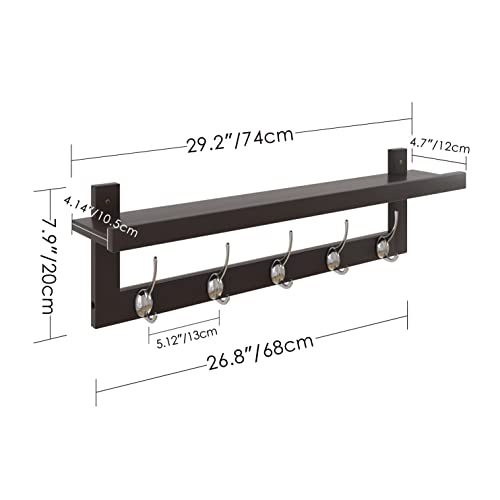 SMIBUY Coat Hooks with Shelf WallMounted 292 Inch Entryway Coat Rack for Wall Bamboo Hanging Shelf with 5 Double Metal Hooks for Bathroom Bedroom Kitchen Living Room Mudroom Dark Brown - Image 3