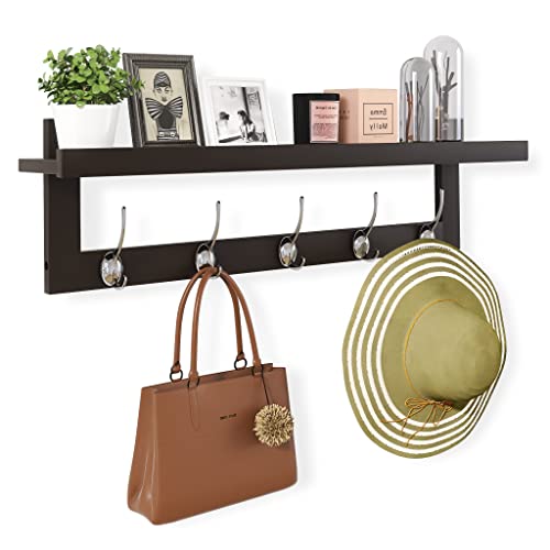 SMIBUY Coat Hooks with Shelf WallMounted 292 Inch Entryway Coat Rack for Wall Bamboo Hanging Shelf with 5 Double Metal Hooks for Bathroom Bedroom Kitchen Living Room Mudroom Dark Brown - Image 1