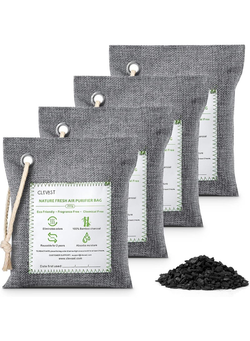 CLEVAST 4 Pack Bamboo Charcoal Air Purifying Bags(Large, 4x200g) Activated Natural Home Odor Absorber, Deodorizer and Moisture Eliminator, Purifier for Closet, Shoe, Car Air freshener, Pet Safe  - Image 1