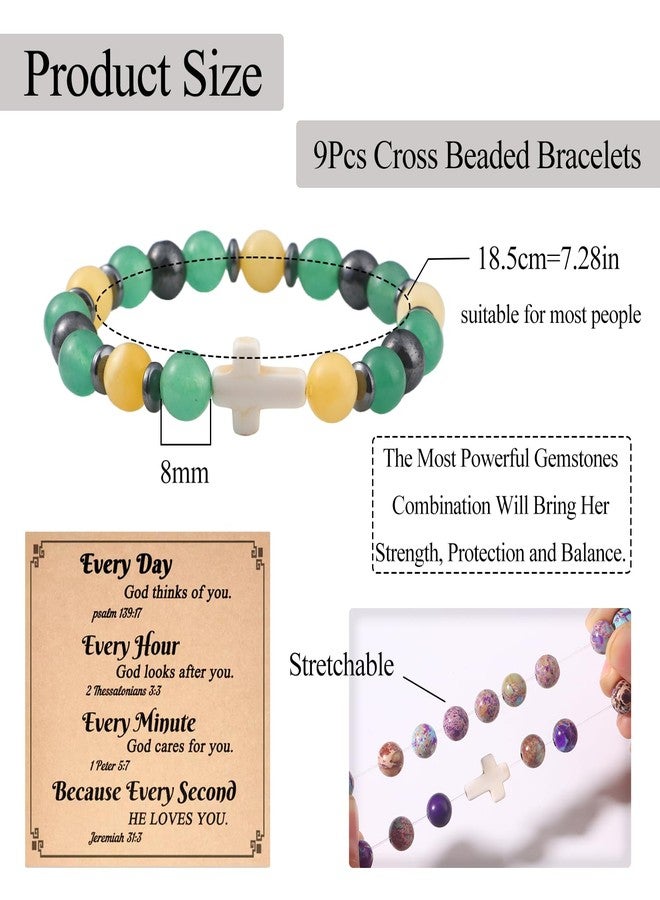 WAINIS 9Pcs Faith Cross Beaded Bracelets for Women Inspirational Christian Gifts Religious Cross Bracelet 8mm Natural Stone Stretch Jesus Bracelets Bulk Gift - Image 3