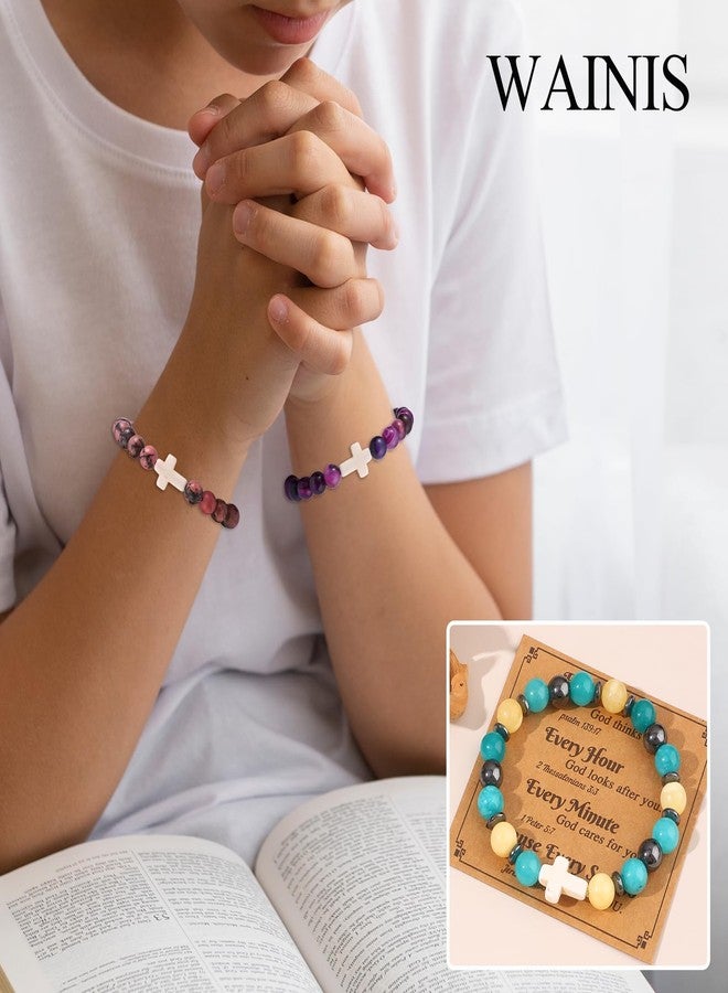 WAINIS 9Pcs Faith Cross Beaded Bracelets for Women Inspirational Christian Gifts Religious Cross Bracelet 8mm Natural Stone Stretch Jesus Bracelets Bulk Gift - Image 2