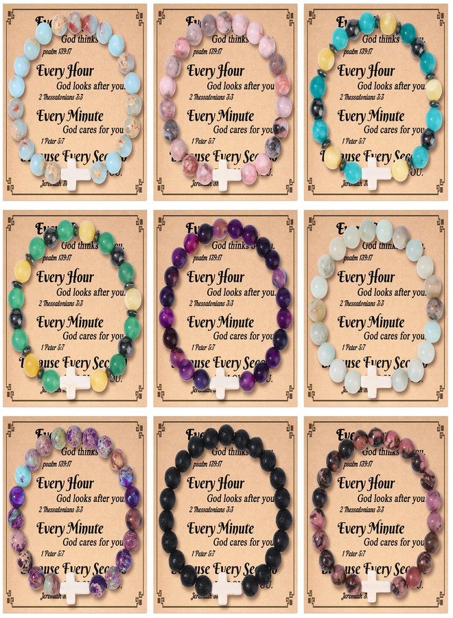 WAINIS 9Pcs Faith Cross Beaded Bracelets for Women Inspirational Christian Gifts Religious Cross Bracelet 8mm Natural Stone Stretch Jesus Bracelets Bulk Gift - Image 1