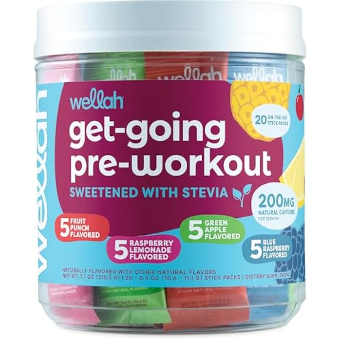 Wellah Get-Going Pre-Workout Variety Pack (20 Stick Packs) - 200mg Natural Caffeine, Stevia-Sweetened, with Citrulline Malate and L-Theanine, & 1000mg of Beta-Alanine - Image 1