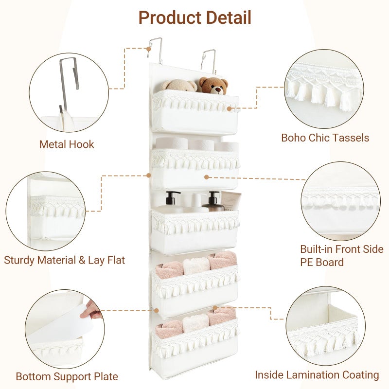Dahey Over The Door Organizer Boho Nursery Storage Decor Closet Hanging Organizer with Tassels Decoration for Bedroom Nursery Bathroom Apartments Dorm Pantry, 5 Pockets, White - Image 3
