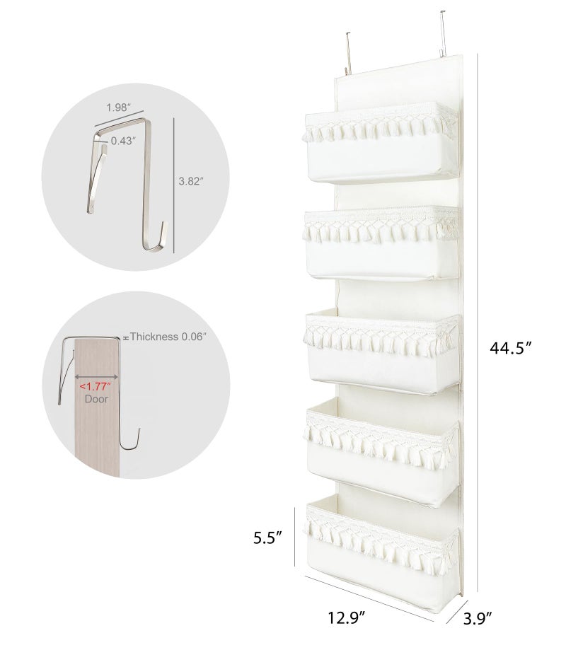 Dahey Over The Door Organizer Boho Nursery Storage Decor Closet Hanging Organizer with Tassels Decoration for Bedroom Nursery Bathroom Apartments Dorm Pantry, 5 Pockets, White - Image 5