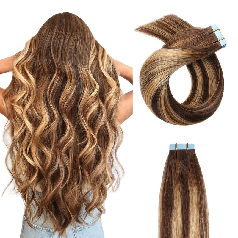 YILITE Tape in Hair Extensions Human Hair 20inch Balayage Dark Brown to Caramel Blonde 100 Remy Human HairStraight Skin Weft 20PCS 50Gram Tape ins P427T4