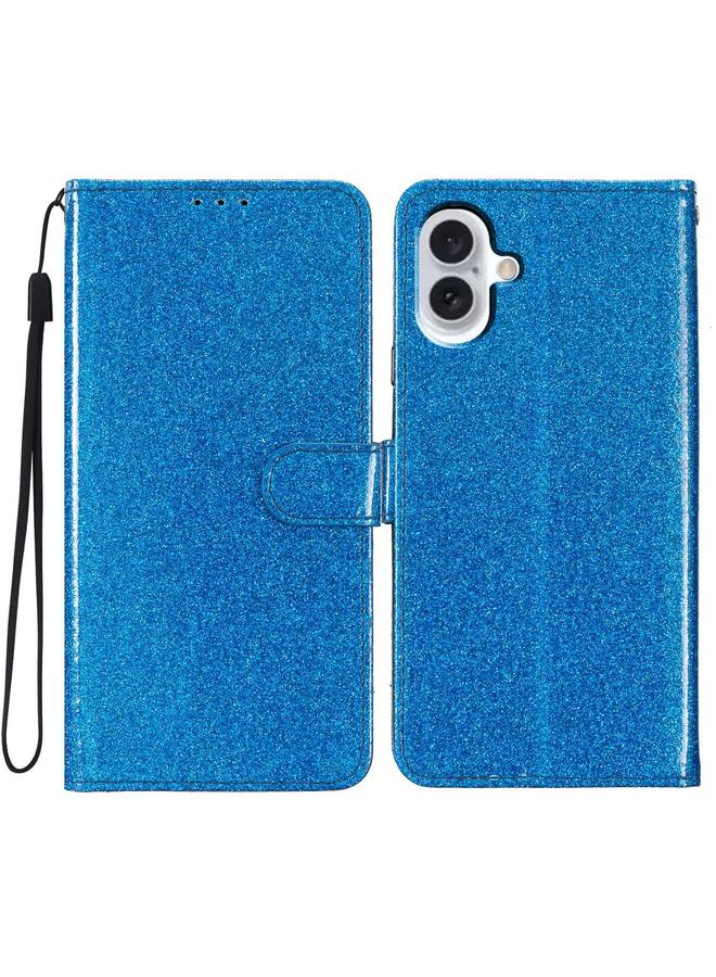 جراب جلدي قابل للطي لامع لهاتف iPhone 16 (أزرق)