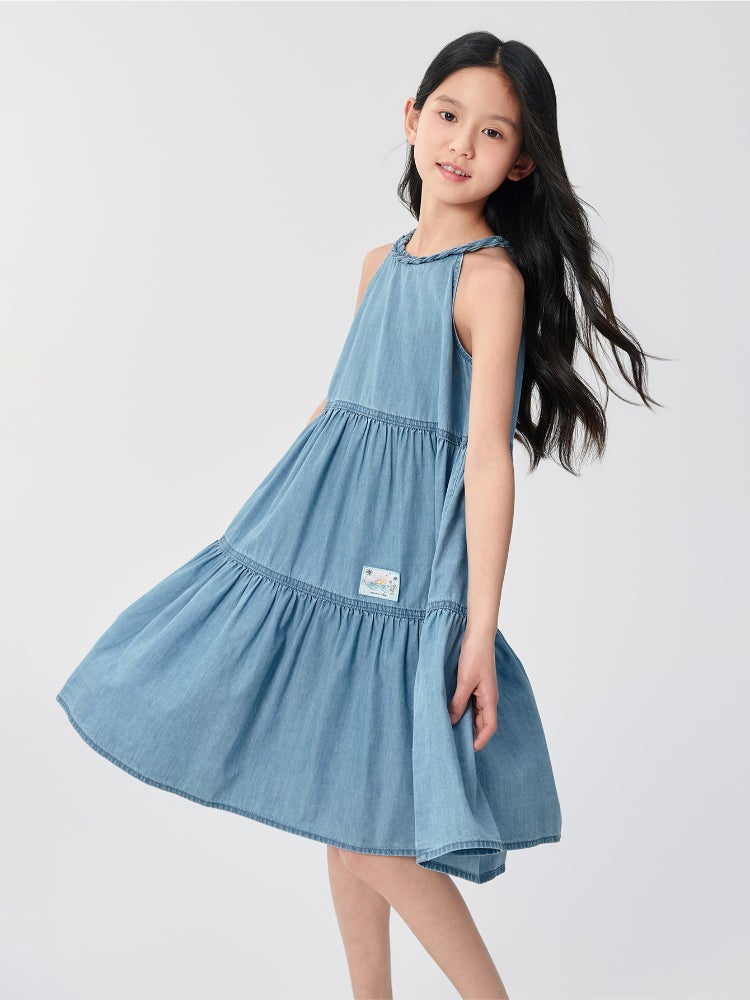 Balabala Girls' Sleeveless Denim Dress - Layered Style With Braided Neckline - Image 2