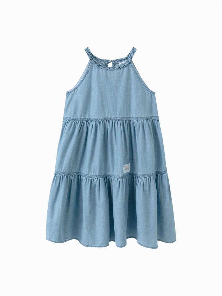 Balabala Girls' Sleeveless Denim Dress - Layered Style With Braided Neckline - Image 4