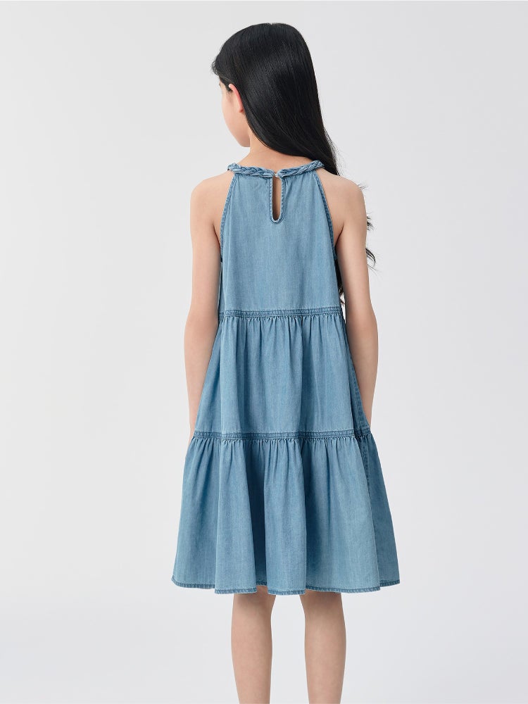 Balabala Girls' Sleeveless Denim Dress - Layered Style With Braided Neckline - Image 3