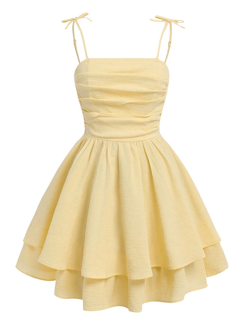 SHENHE Girl's Smocked Ruched A Line Swing Dress Layered Tie Shoulder Flowy Cami Short Dress Mustard Yellow 16 Years - Image 1