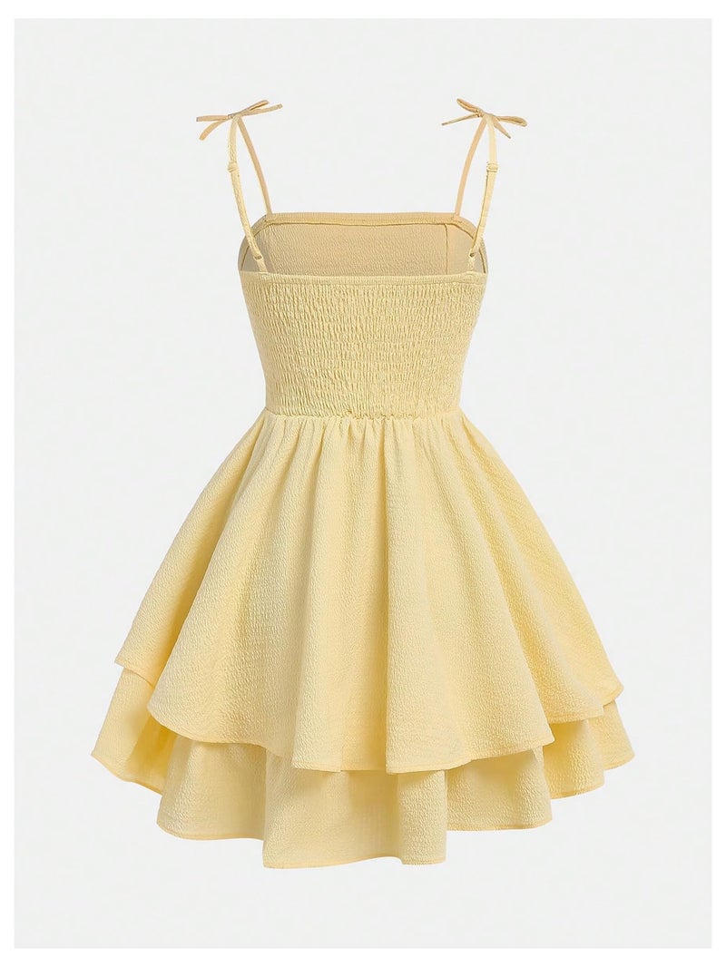 SHENHE Girl's Smocked Ruched A Line Swing Dress Layered Tie Shoulder Flowy Cami Short Dress Mustard Yellow 16 Years - Image 2